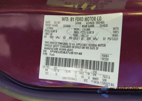 2007 Ford Explorer Sport Trac Limited z USA, uszkodzony, nr VIN 1FMEU53837UB15148